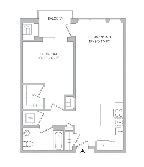 Floor plan for 1 bed, 1 bath, 799 sqft
